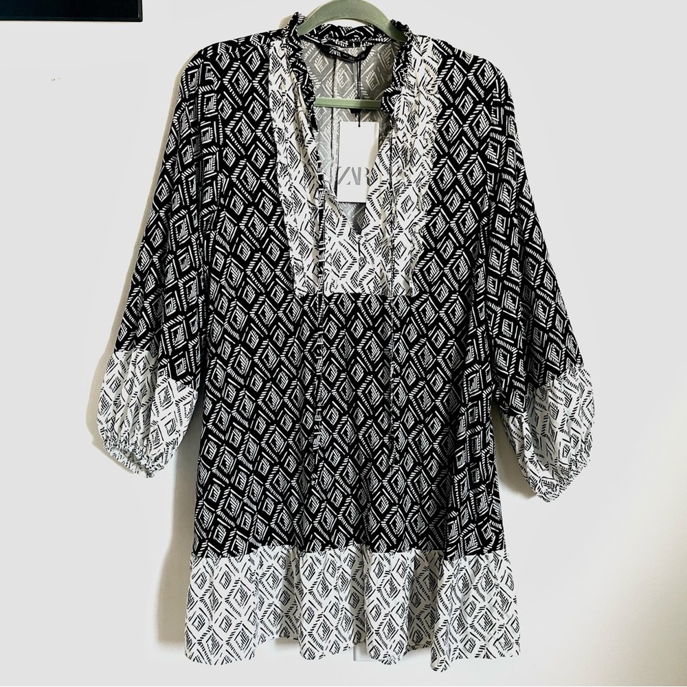 Zara Patchwork Geo Contrast Print Bohemian Mini Dress Size M NWT - Picture 6 of 16